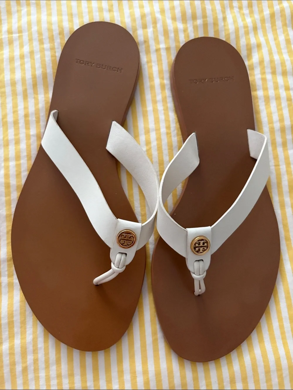 Tory Burch White Leather Thong Sandals with Gold Logo